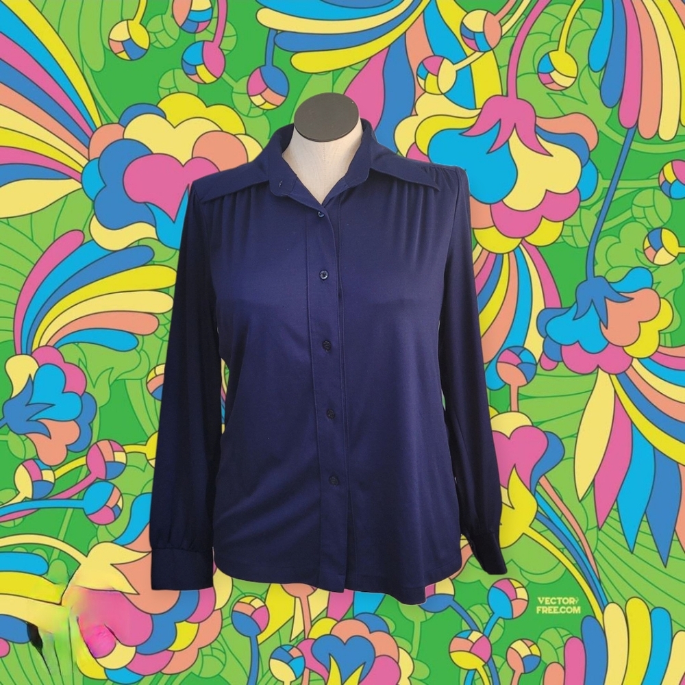 Vintage Navy Blue Button-Up Blouse
